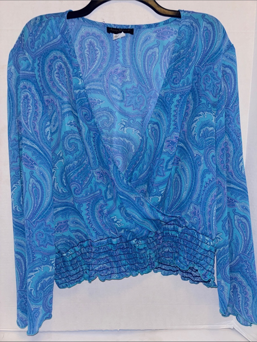 ASHLEY STEWART…BLUE PAISLEY WRAP STYLE BLOUSE SMOCKED 3” ELASTIC WAIST SIZE 20
